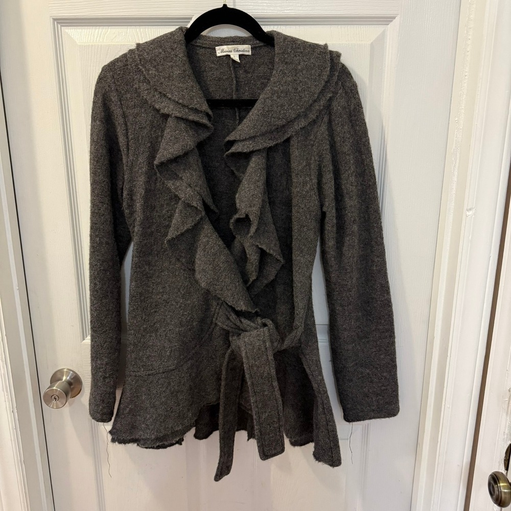Marisa Christina Vintage Women Large Gray 100% Wool Ruffle Open Cardigan Sweater